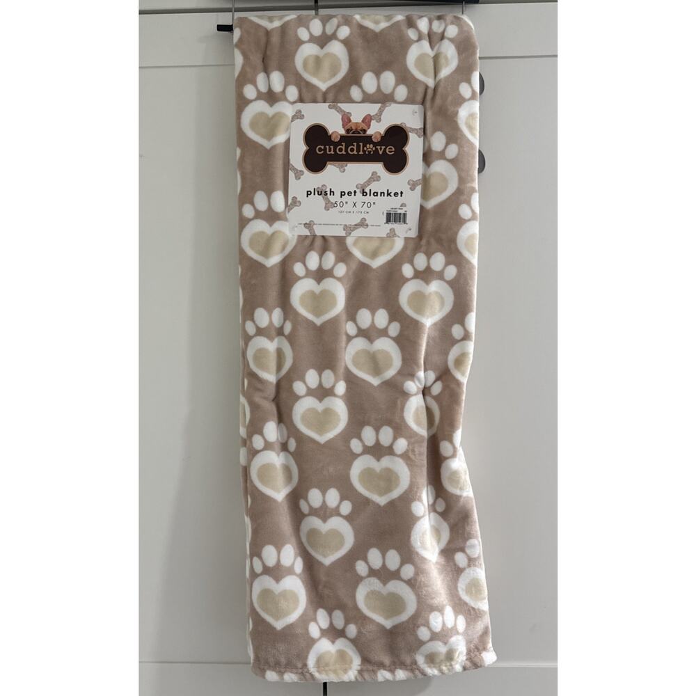 HEART PAW Print 50x70” Plush Throw Blanket Dog Cat Pet Valentines Neutral Beige